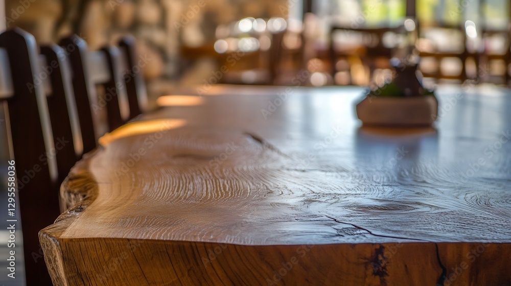 Poster Closeup view of a rustic wooden tabletop highlighting its natural texture and warm tones in a cozy setting : Generative AI