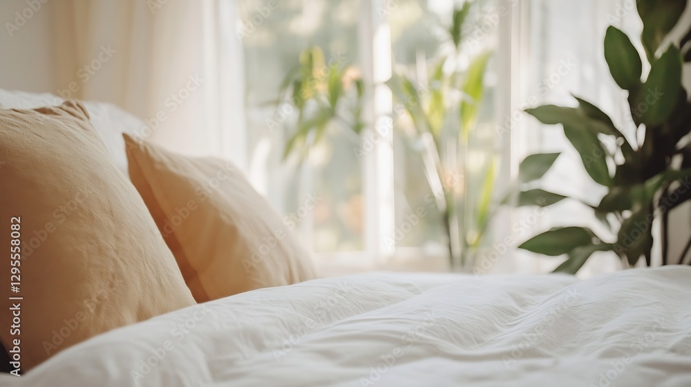 Aufkleber Cozy bedroom scene with soft pillows and bright natural light filtering through the window : Generative AI