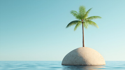 A serene tropical scene featuring a lone palm tree on a small sandy island surrounded by calm turquoise waters under a clear blue sky.