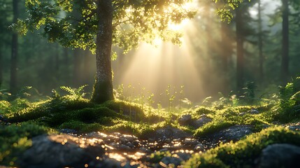 Fototapeta premium Sunbeams illuminate mossy forest floor at sunrise