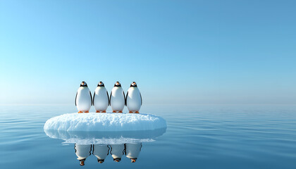 A serene scene featuring four penguins standing on a small ice floe amidst calm waters under a clear blue sky.