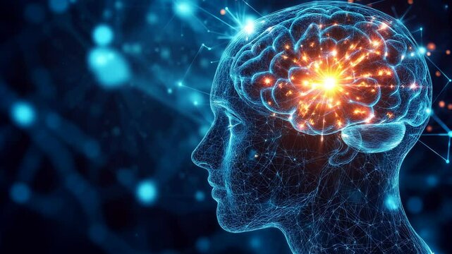 Human head with illuminated brain exploring neurology, neuroscience, and ai innovations
