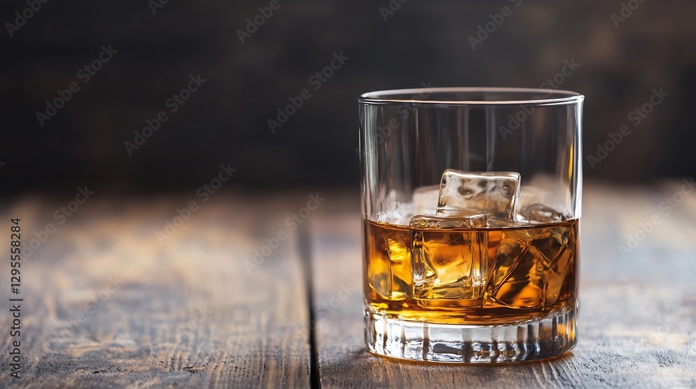 Poster glass of whiskey with ice cubes on rustic wooden table in dim lighting : generative ai