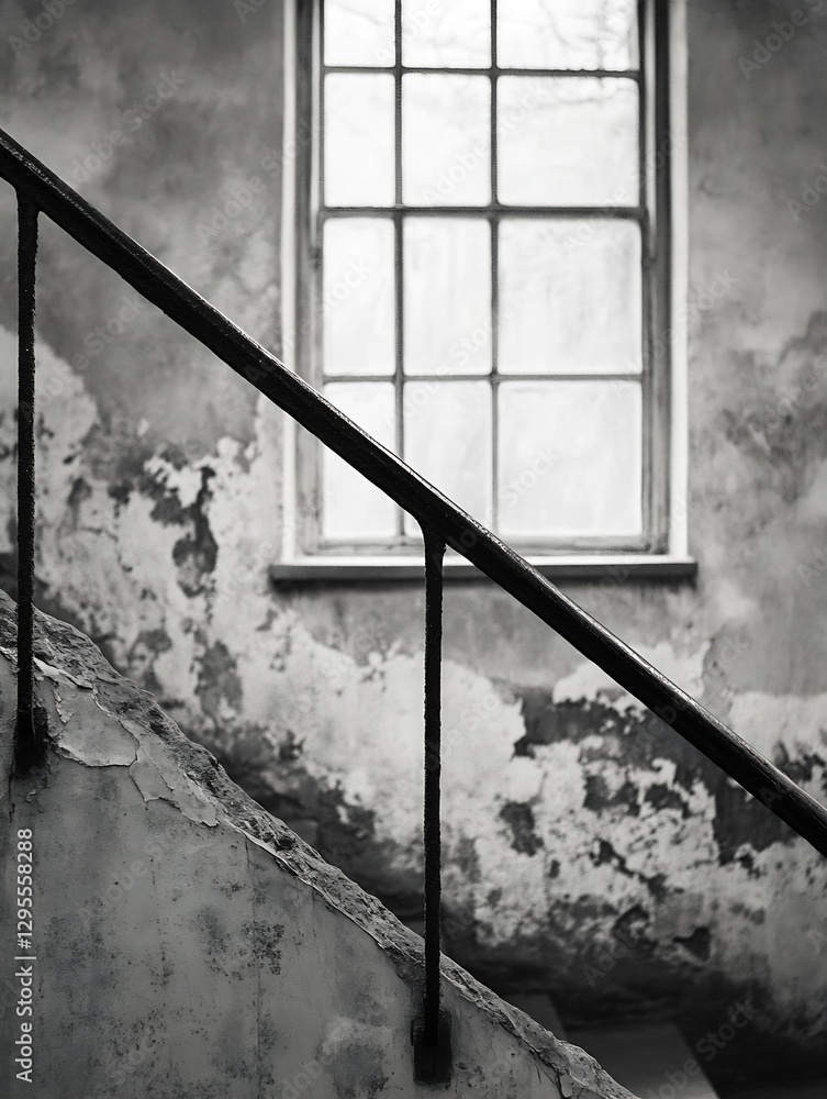 Poster vintage style staircase with railing leading to a window in a historic building exuding character an