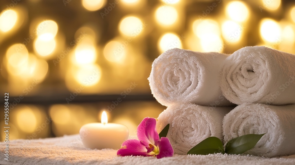 Fototapete spa towels and candle with soft bokeh background : generative ai