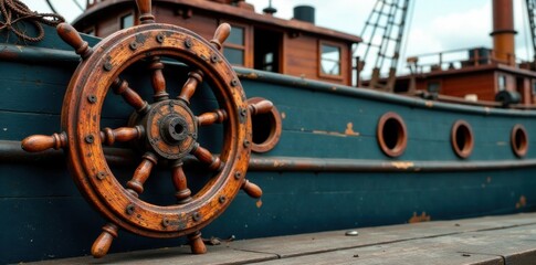 Fototapeta premium Weathered wooden ship wheel, ship, old, wheel