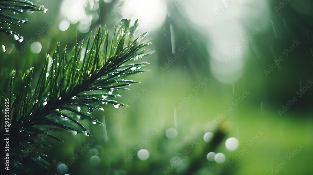 Poster close up view of fresh green pine tree branch soaked in rain with drops glistening in serene natural