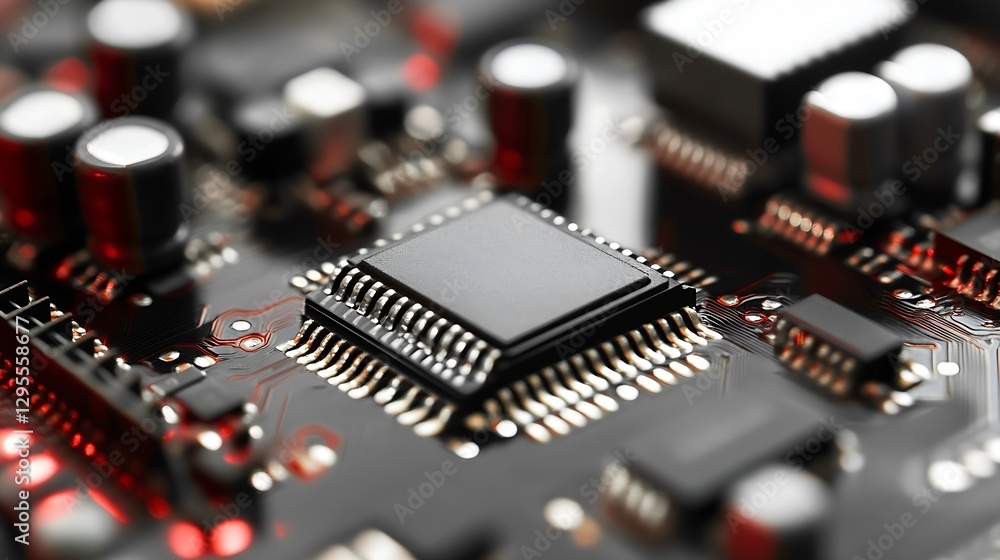 Aufkleber Close Up of High Performance Chip and Electronic Components on Circuit Board : Generative AI