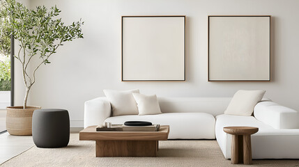 A minimalist living room featuring a white sofa, wooden coffee table, and decorative plants, creating a serene and modern atmosphere.