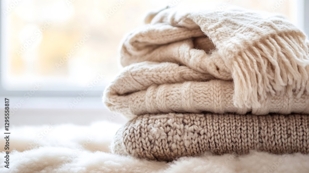 Poster neatly stacked cozy knit blankets on soft surface with natural light : generative ai