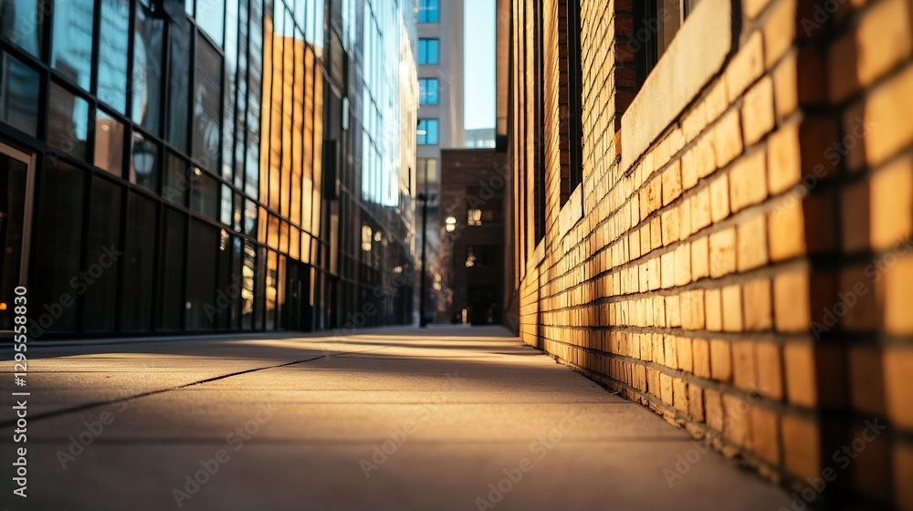 Poster urban sidewalk with modern buildings casting shadows during golden hour : generative ai