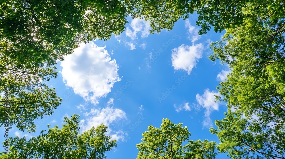 Poster bright blue sky with fluffy clouds seen through lush green tree tops creating a peaceful natural fra