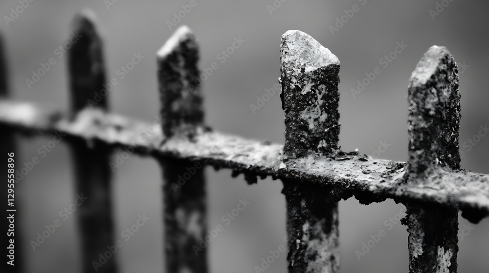 Poster rusty old fence with weathered metal spikes against soft gray background in black and white photogra