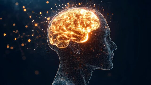 Illuminated human head with glowing brain signifying neurology, neuroscience, and consciousness