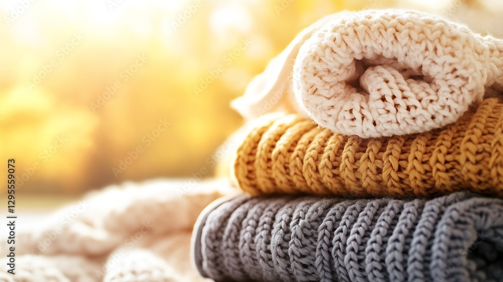 Poster neatly rolled colorful knitted blankets in various shades highlighting autumn backdrop : generative 