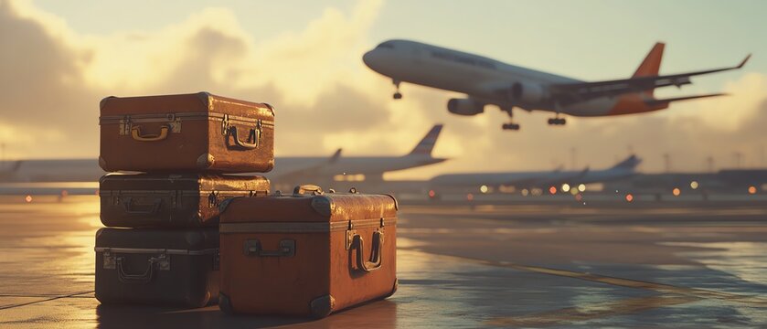 Luggage waiting for an airplane at sunset.