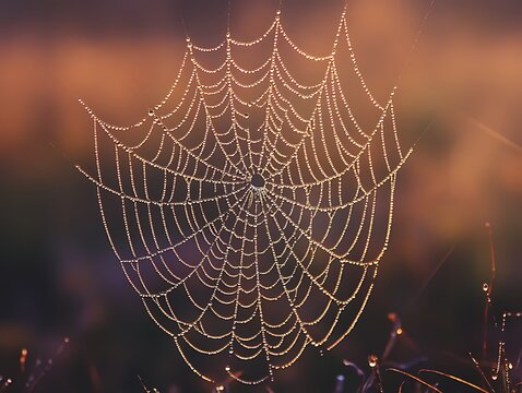Dew-kissed spider web at sunrise