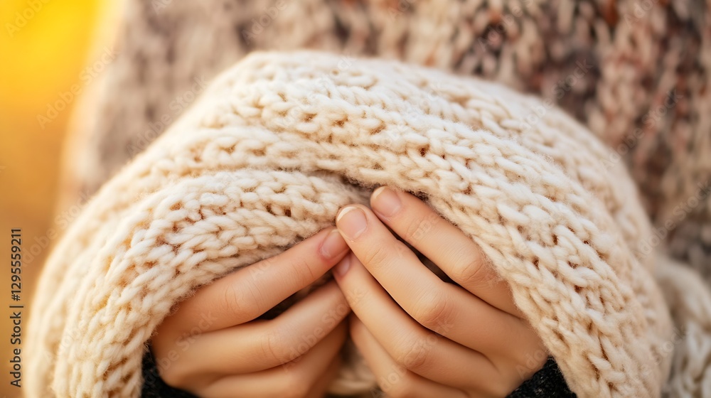 Poster Cozy hands holding a soft knitted scarf in a warm autumn setting : Generative AI