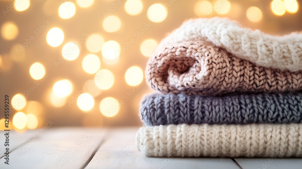 Aufkleber warm knit sweaters stacked with soft glowing bokeh lights in the background : generative ai