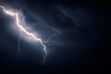 dramatic lightning storm illuminates dark sky with bright bolts striking down, creating powerful and intense atmosphere