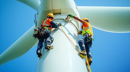 Technicians repairing a wind turbine mechanism.