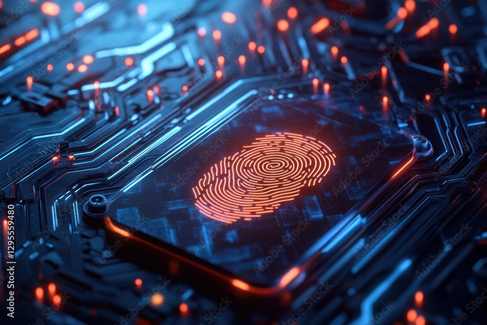 Poster a close-up view of a futuristic fingerprint scanner embedded in a circuit board, with glowing elemen