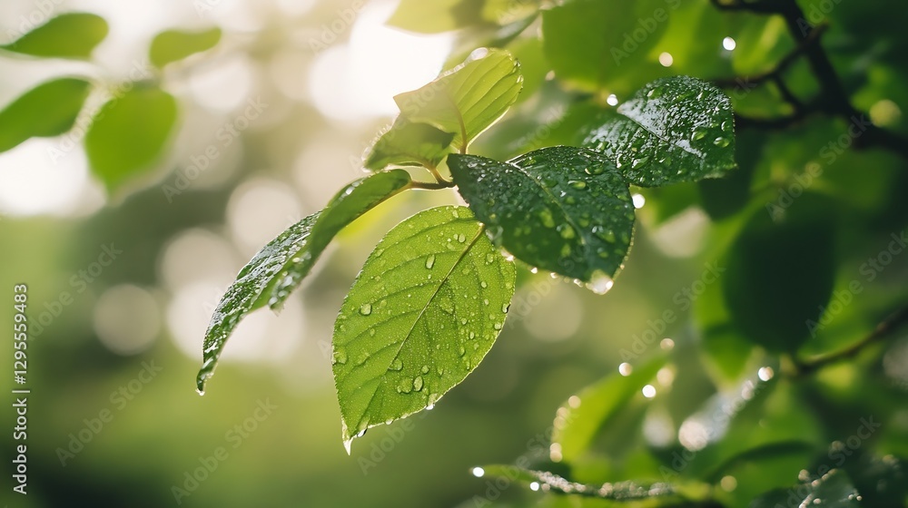 Poster Close up of fresh green leaves with raindrops illuminated by soft sunlight in a natural setting : Generative AI