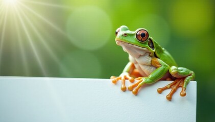 Obraz premium White panel with a frog perched on it, gazing forward, nature, frog, wildlife