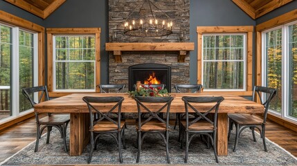 Rustic dining room with fireplace and large windows