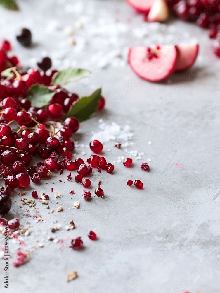 Poster Vibrant red currants and apples scattered on a textured surface with salt grains : Generative AI