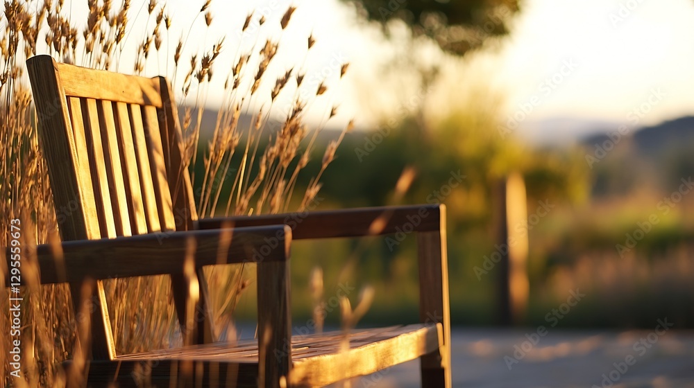 Poster warm sunlight on a rustic wooden chair surrounded by nature with soft background out of focus : gene