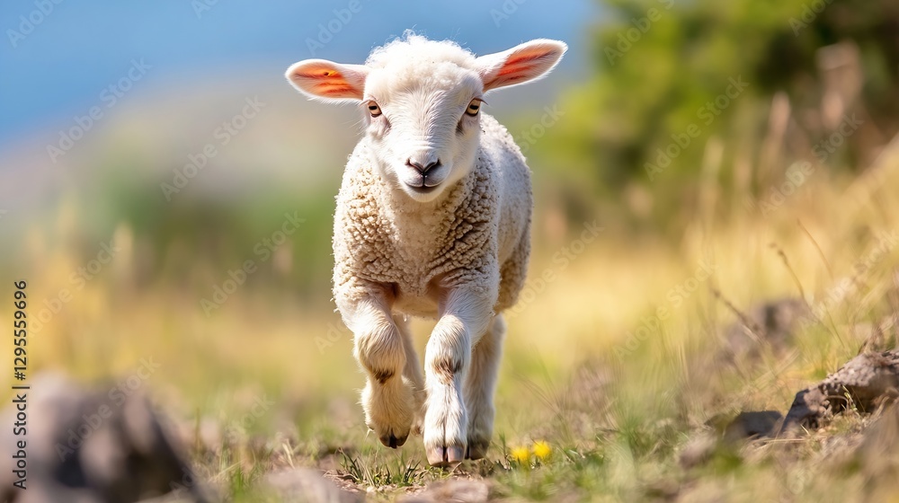 Poster Charming Lamb Running in a Sunny Green Meadow with Soft Blurred Background : Generative AI