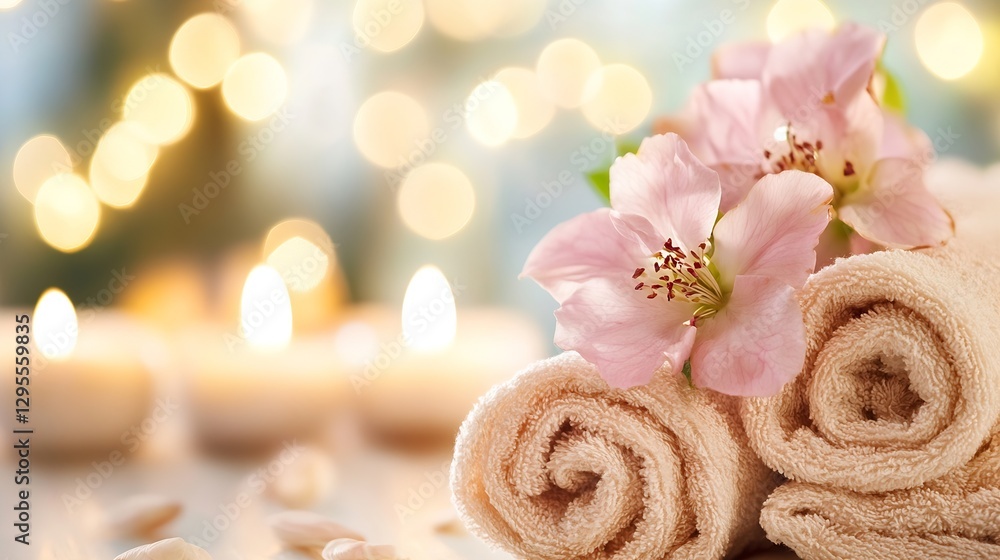 Poster soft towels and floral arrangement for a luxurious spa experience : generative ai