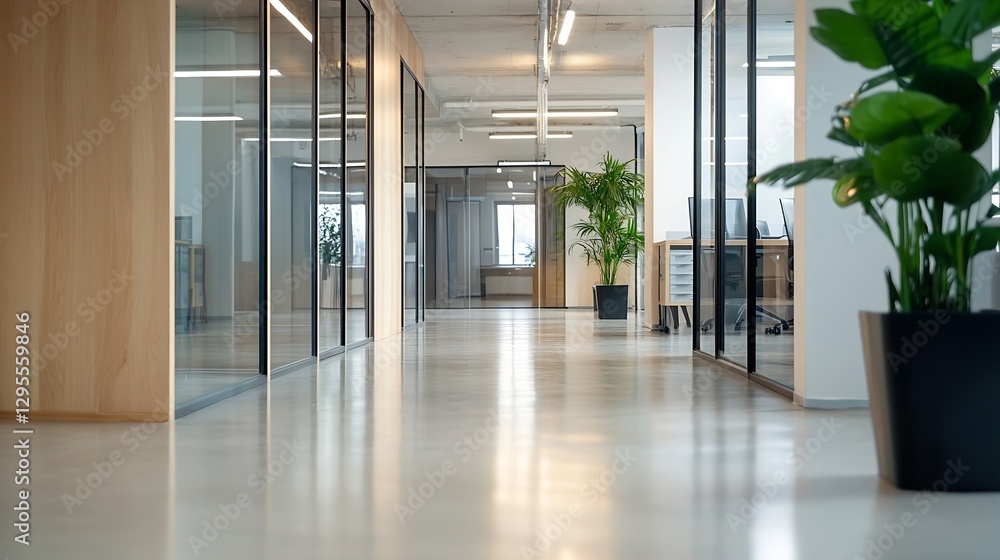 Poster bright and spacious office corridor with glass walls and greenery in a modern workplace : generative