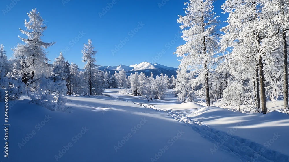 Aufkleber Serene winter landscape with snowcovered trees and a clear blue sky in a peaceful setting : Generative AI