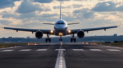 Obraz premium Commercial Jet Airplane Landing on Airport Runway in Dramatic Cloudy Sky : Generative AI