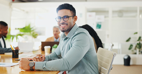 Business meeting, face and tablet for happy man with office team for graphic design, sketch or...
