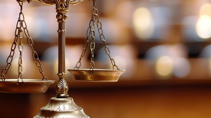Elegant Bronze Scales of Justice in a Softly Blurred Courtroom Scene : Generative AI