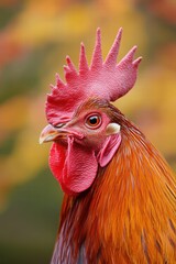 A striking portrait of a vividly colored rooster emphasizing its rich textures and expressive features in soft light.
