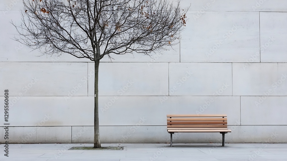 Poster lonely bench under a bare tree against a minimalist stone wall in a serene urban setting : generativ