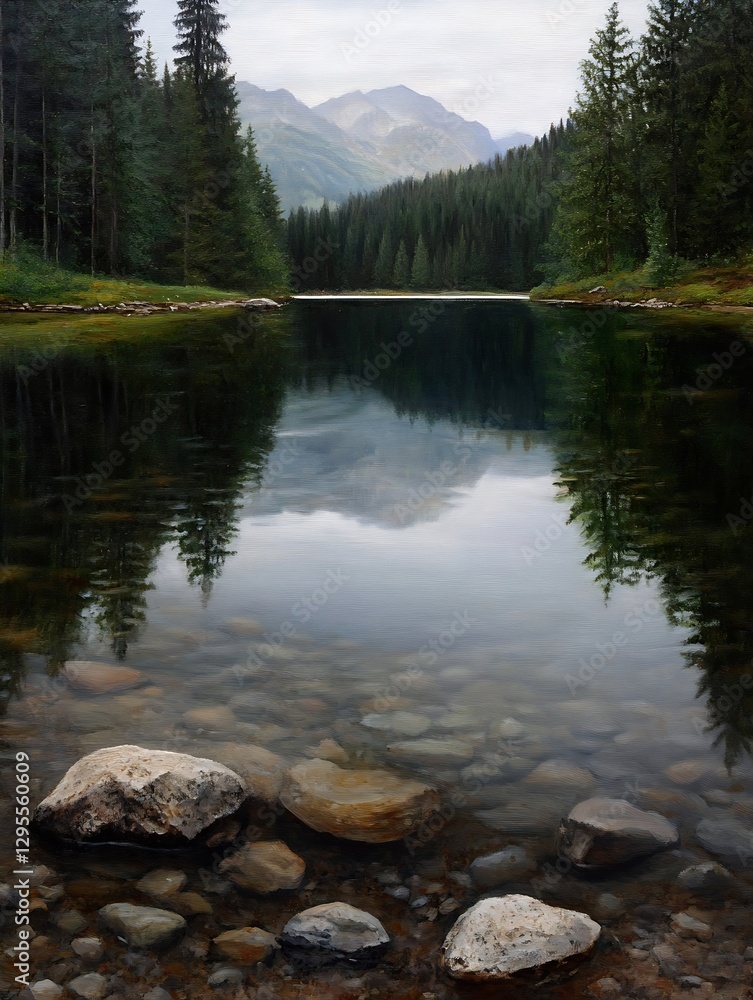 Poster tranquil mountain lake reflecting trees and sky in a peaceful natural setting : generative ai