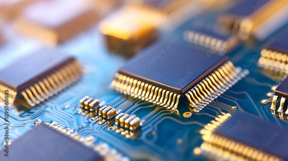 Poster Detailed macro view of several microchips on a green circuit board with intricate connections : Generative AI