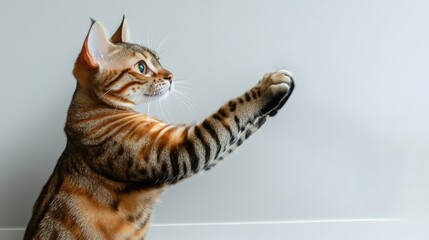 Bengal cat playfully reaching out with its paw against a light wall