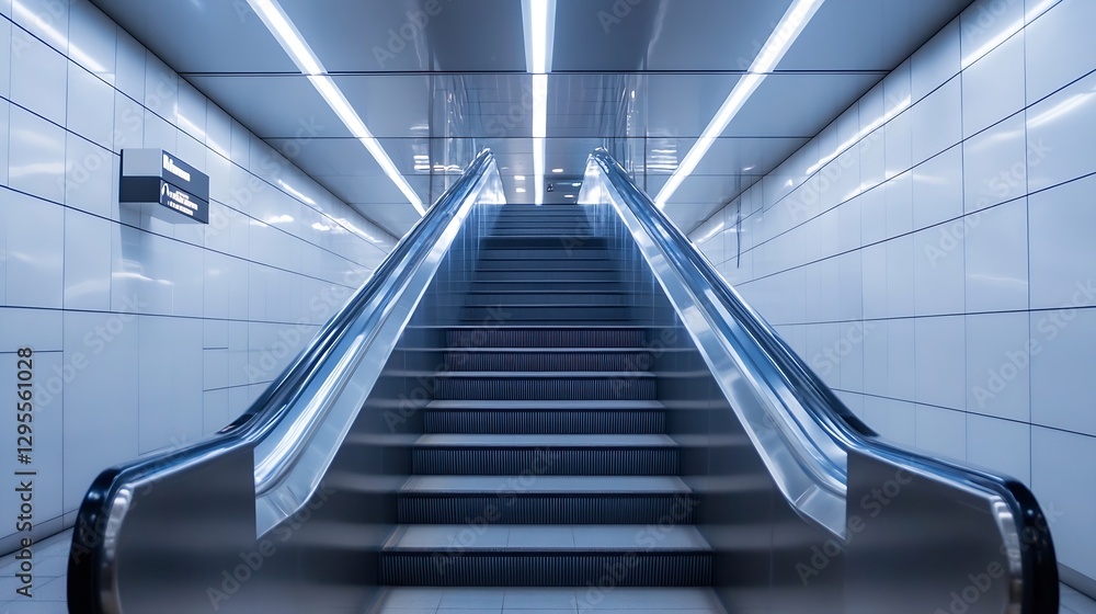 Poster modern escalator leading up in a clean and bright underground station with sleek lines and contempor