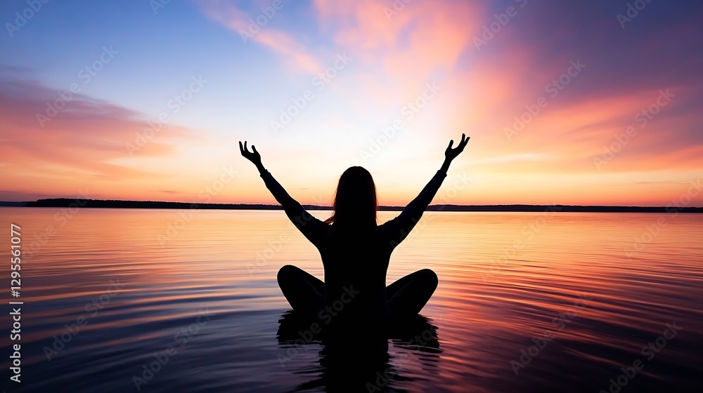 Poster silhouette of a serene person meditating in front of a colorful sunset reflecting in calm water : ge