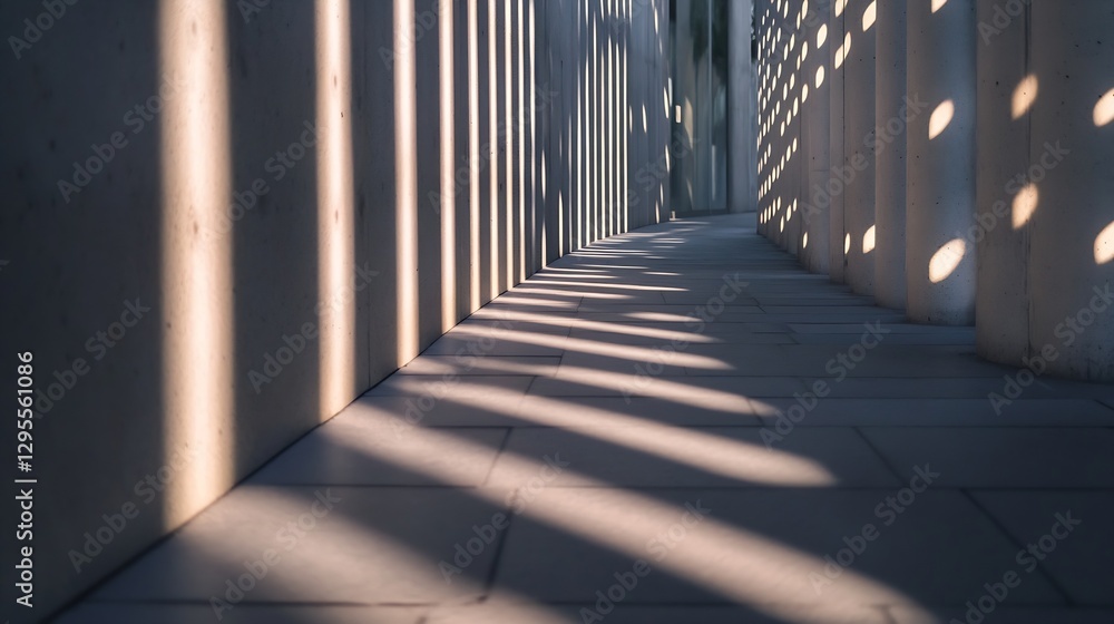 Poster Intriguing pathway with dramatic shadows and light play created by vertical structures enhancing visual depth and perspective : Generative AI