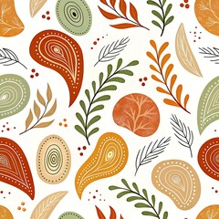 Autumnal abstract paisley pattern with warm earthy tones and botanical elements red fall brown beige