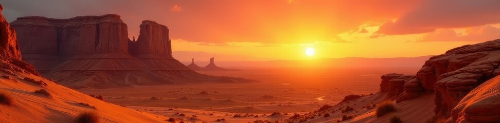 Sunset over vast orange desert landscape with twisted rock formations, rocky terrain, natural wonders, surrealism