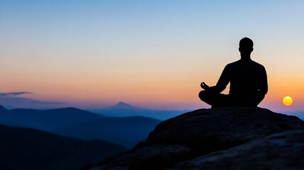Meditative Silhouette of a Person at Sunset Overlooking Serene Mountains : Generative AI