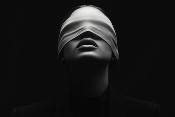 A woman with her eyes covered by a blindfold gazes upward, conveying a sense of hope and introspection.